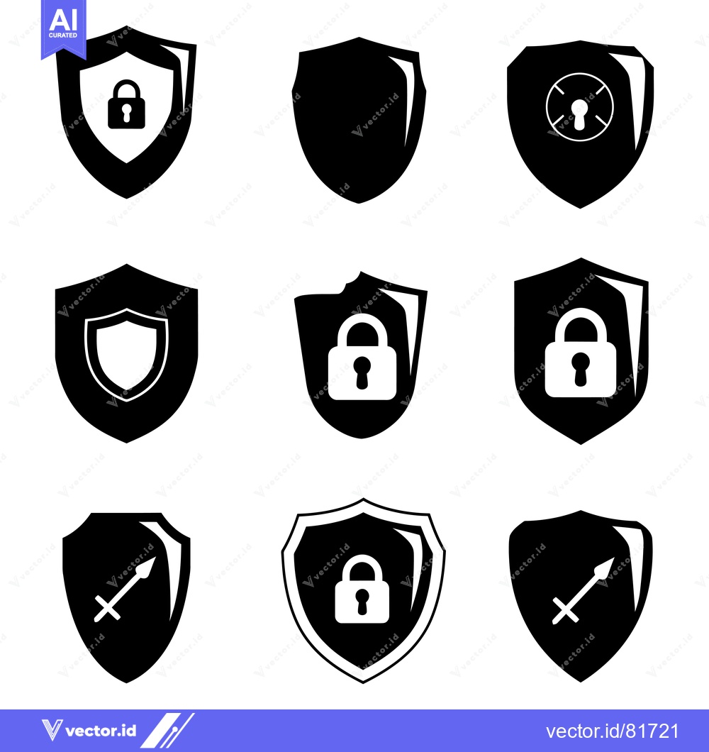 Premium Vector dari Set of Nine Black and White Shield Icons with Different Security Symbo