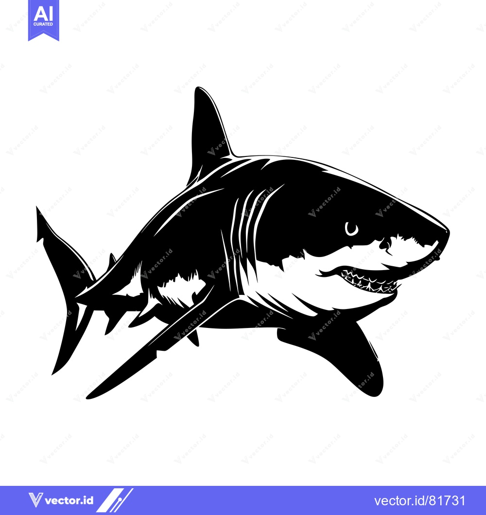 Premium Vector of Black and white illustration of a great white shark with its mouth ope
