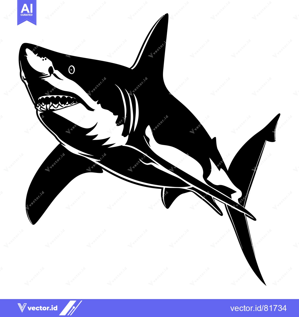 Premium Vector of Black and white illustration of a great white shark with an open mouth
