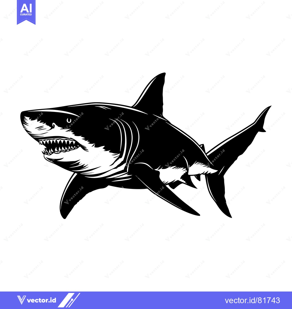 Premium Vector dari Black and White Illustration of a Great White Shark