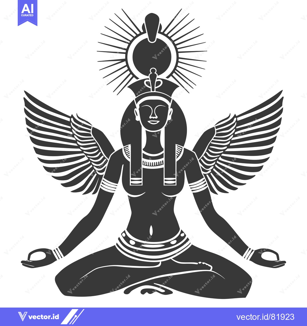 Premium Vector dari Egyptian Goddess with Wings and Sun Symbol in Meditation Pose