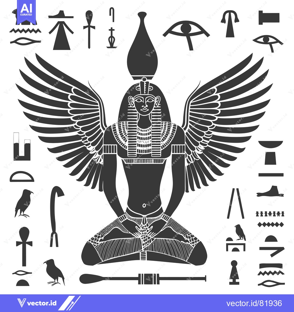 Premium Vector dari Egyptian Goddess with Wings and Hieroglyphs