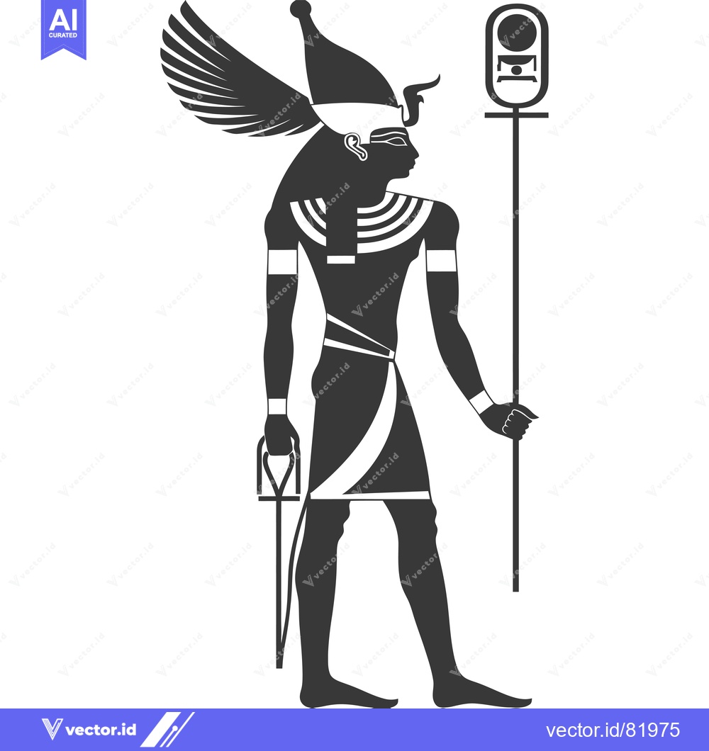Premium Vector of Black and White Depiction of a Winged Egyptian God Holding a Staff
