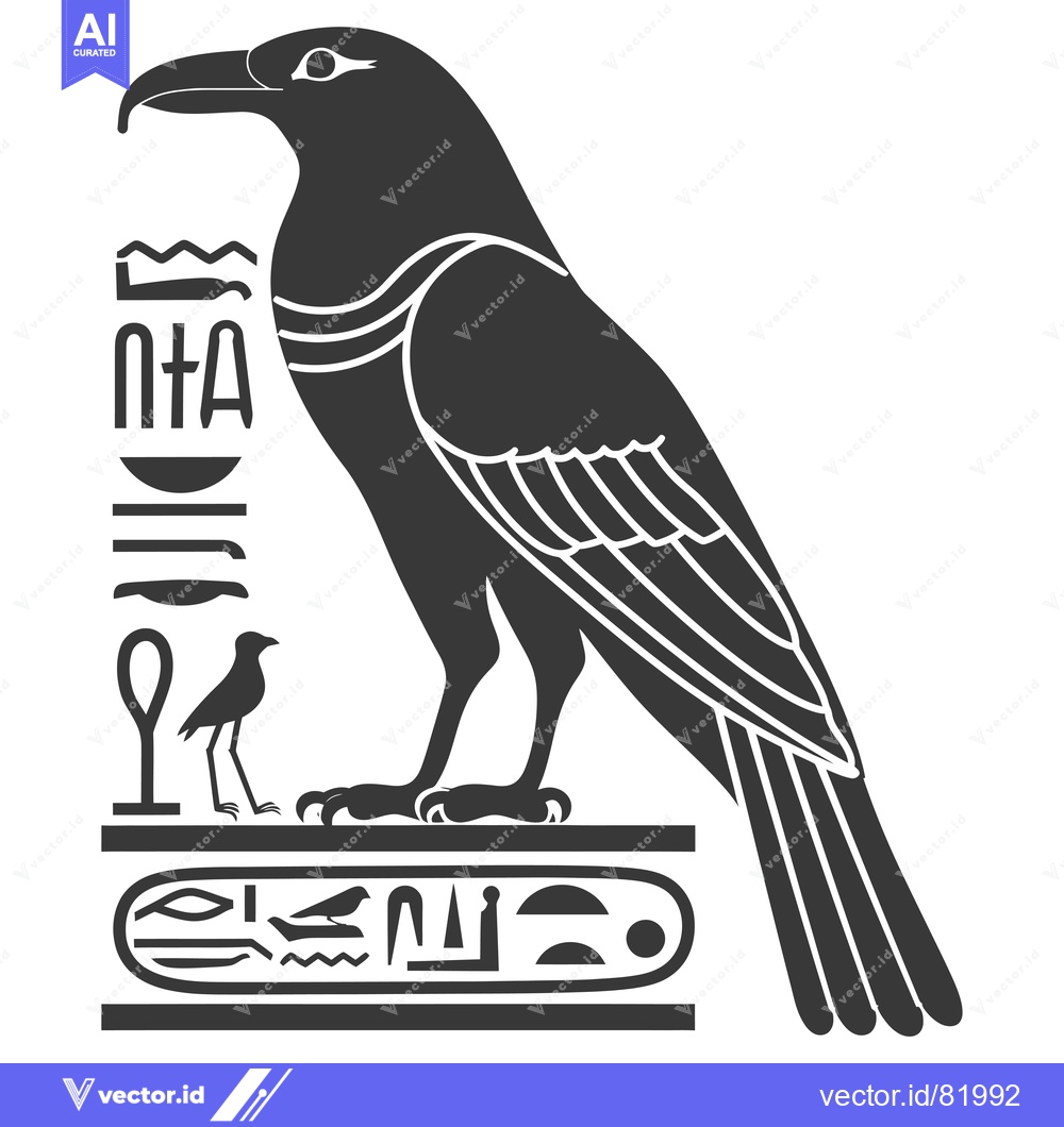 Premium Vector dari Egyptian Hieroglyphics Featuring a Black Raven with an Ankh Symbol