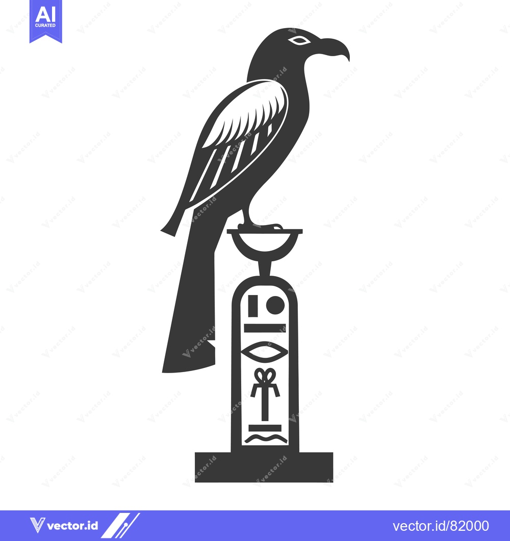 Premium Vector of Black and White Stylized Image of a Bird Perched on a Hieroglyphic Col