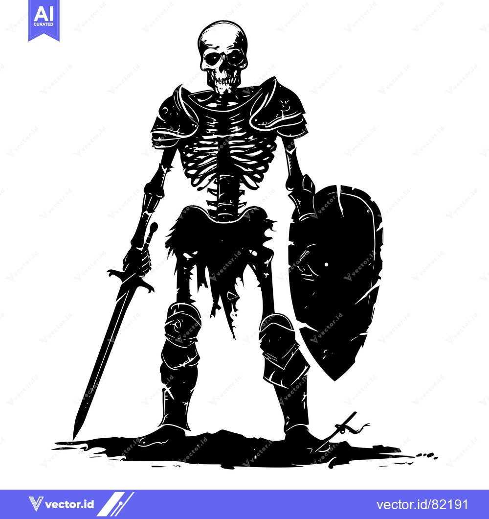 Premium Vector of A Skeleton Knight in Full Armor with a Sword and Shield