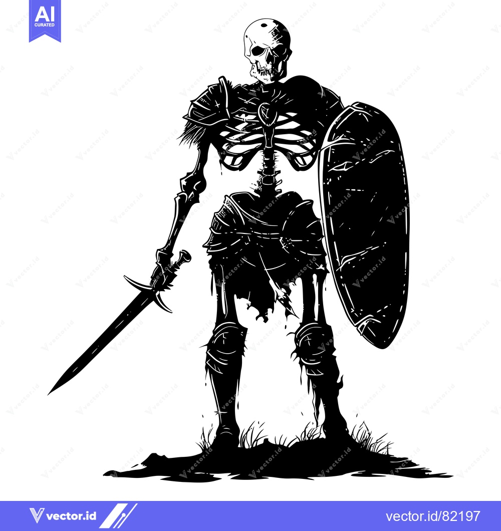 Premium Vector dari A Skeletal Knight with Sword and Shield Standing on a Field of Grass