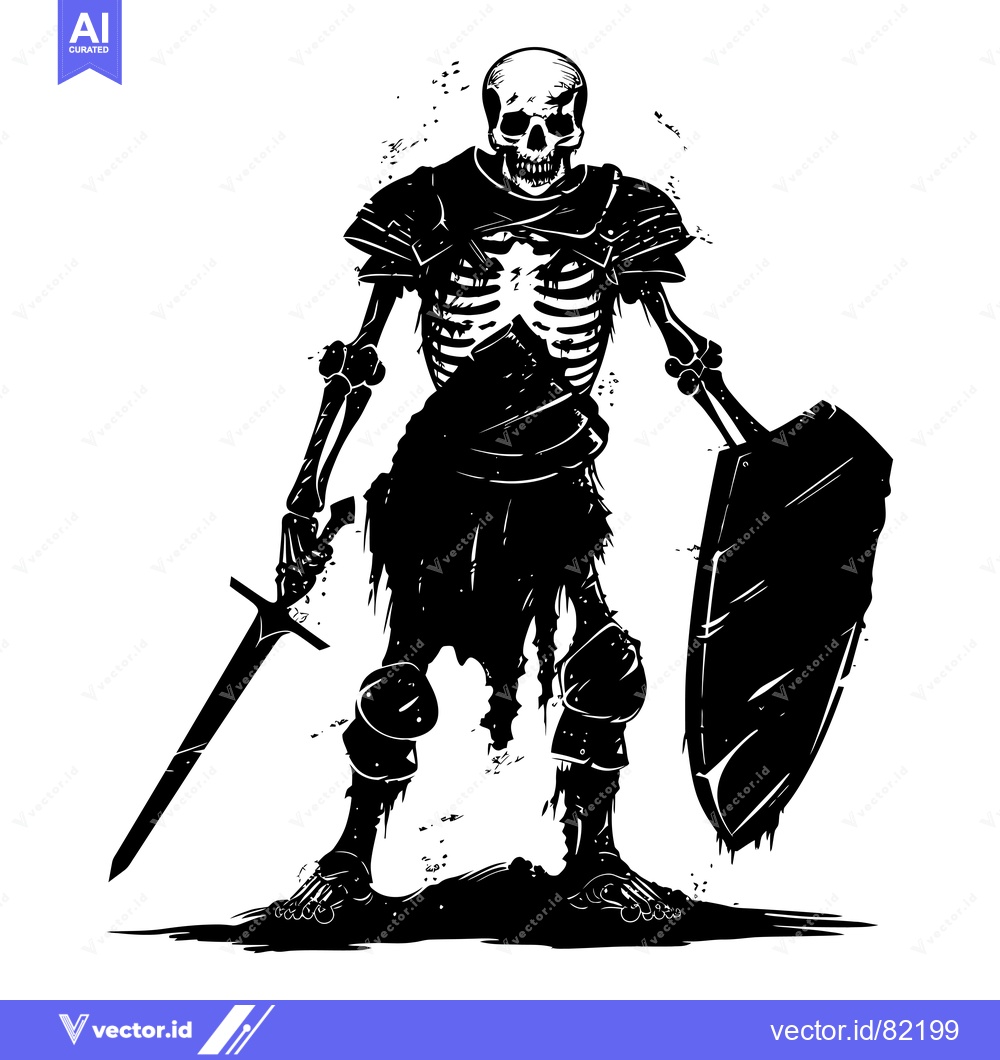 Premium Vector dari Black and White Illustration of a Skeleton Knight in Armor with a Swor