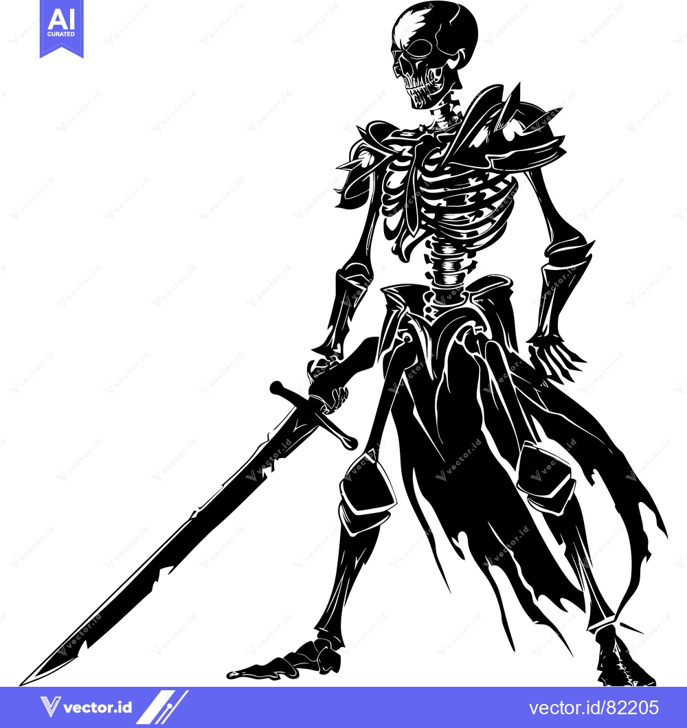Premium Vector of Skeleton Knight Holding Sword with Torn Cloak