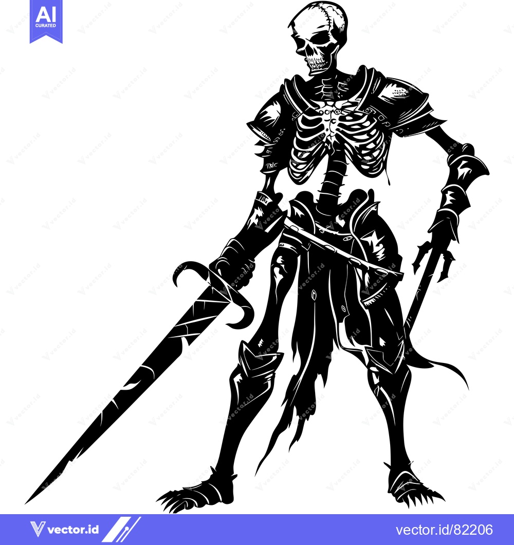 Premium Vector dari A skeletal warrior with a sword in a menacing pose, clad in armor.