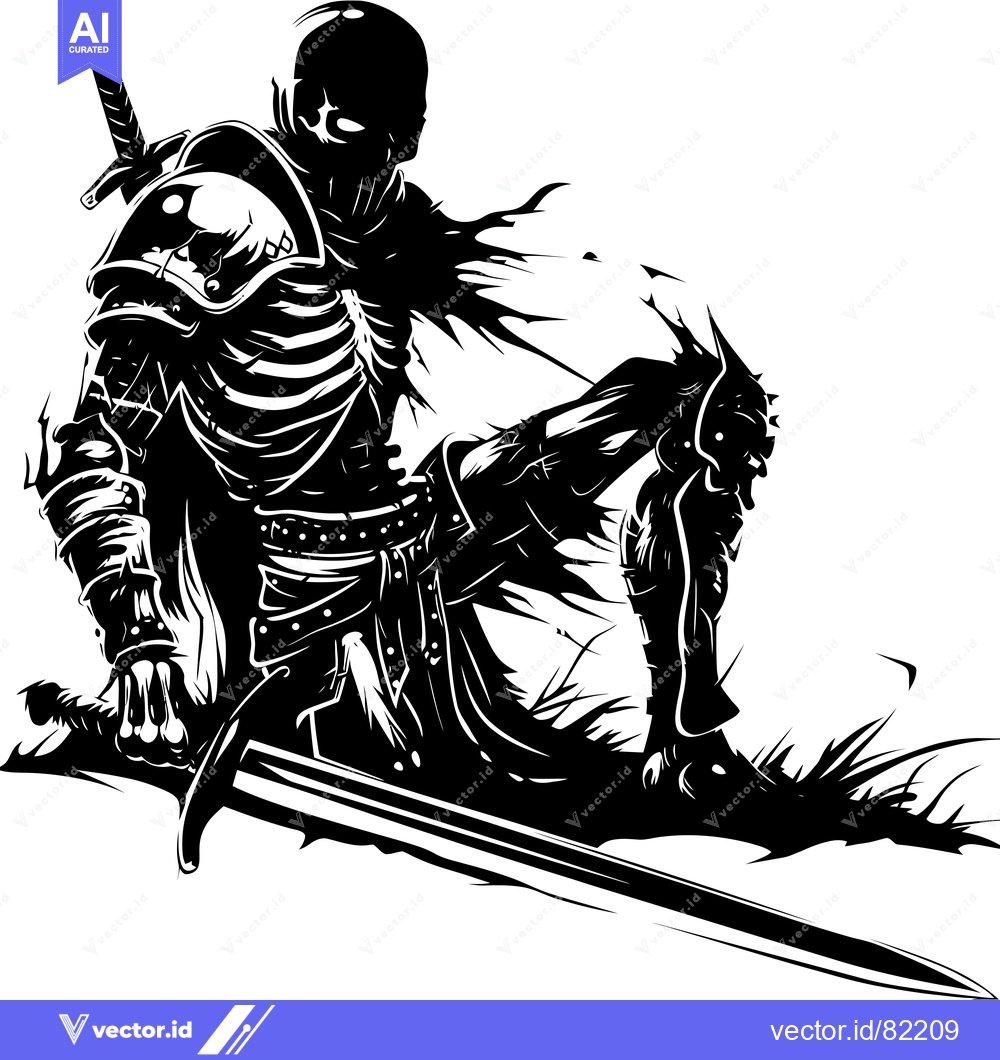 Premium Vector of Skeletal Knight Leaning on a Sword in a Silhouetted Pose