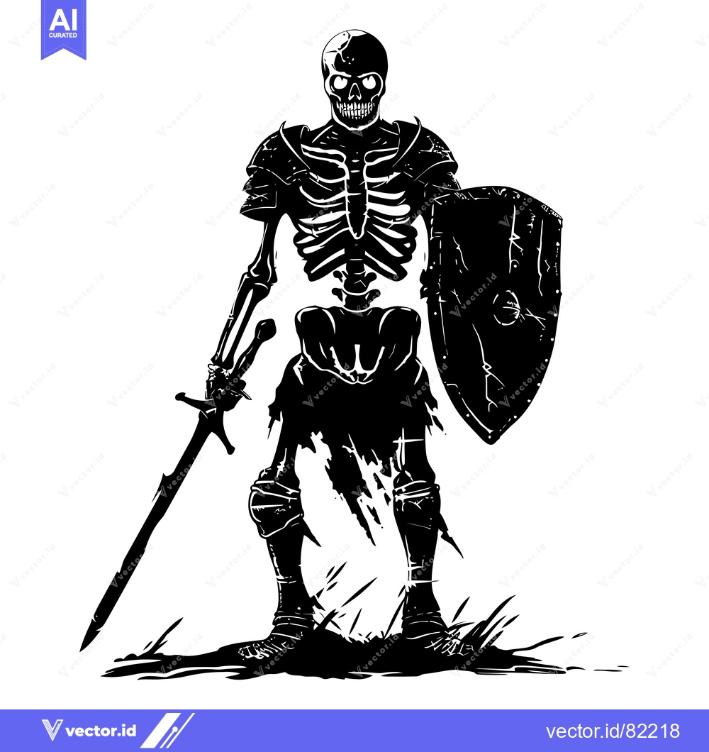 Premium Vector dari Black and White Illustration of a Skeleton Knight Holding a Sword and