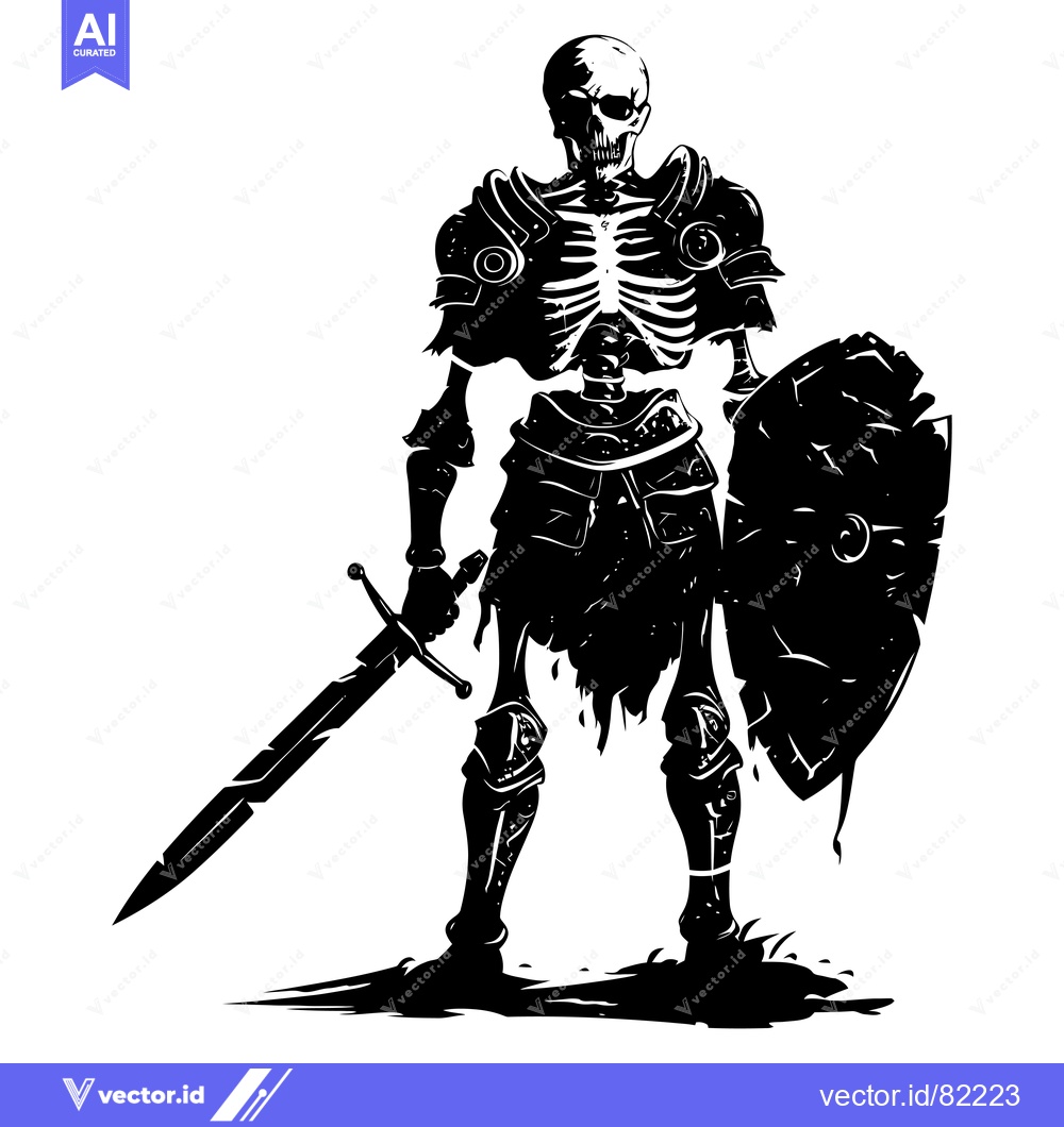 Premium Vector dari A Skeletal Knight in Full Armor Holding a Sword and Shield