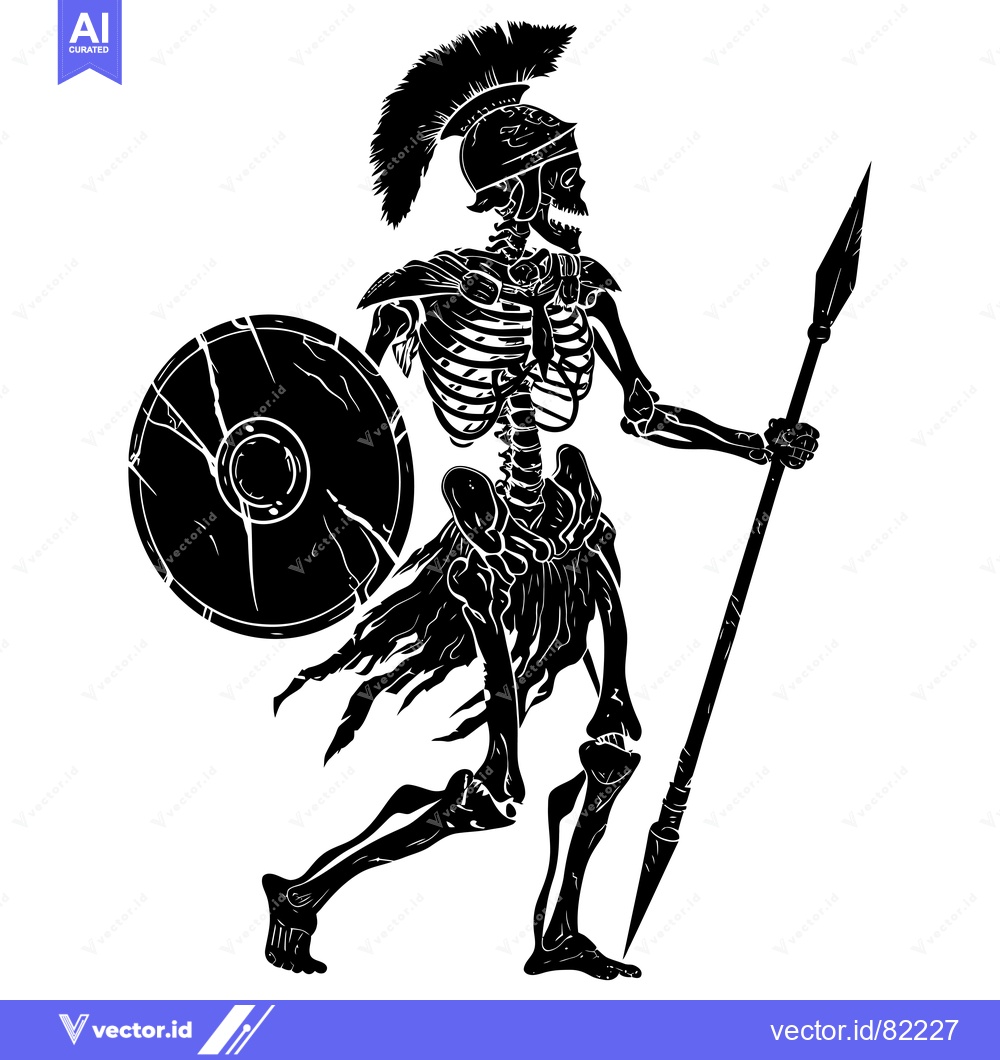 Premium Vector dari A Skeletal Warrior in Black and White Holding a Spear and Shield