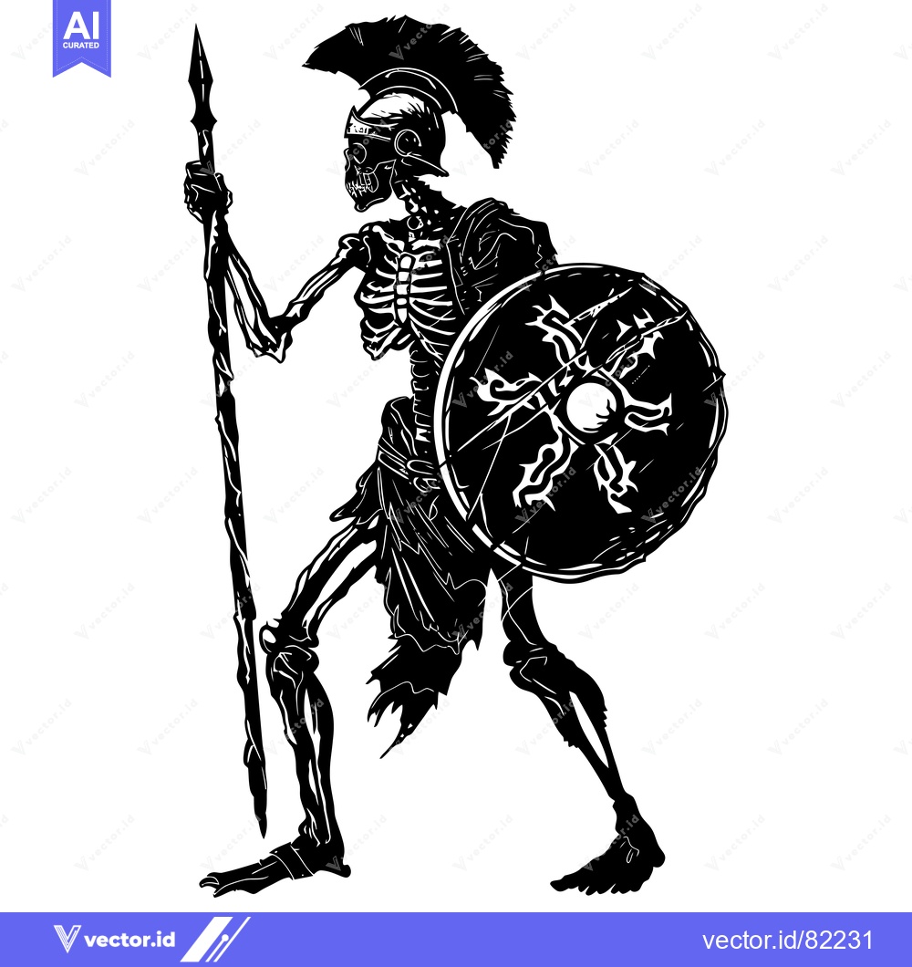 Premium Vector dari A Skeletal Warrior Standing with a Spear and Shield