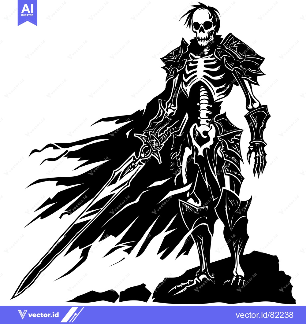 Premium Vector dari A skeletal warrior wielding a sword and wearing armor stands on a rock