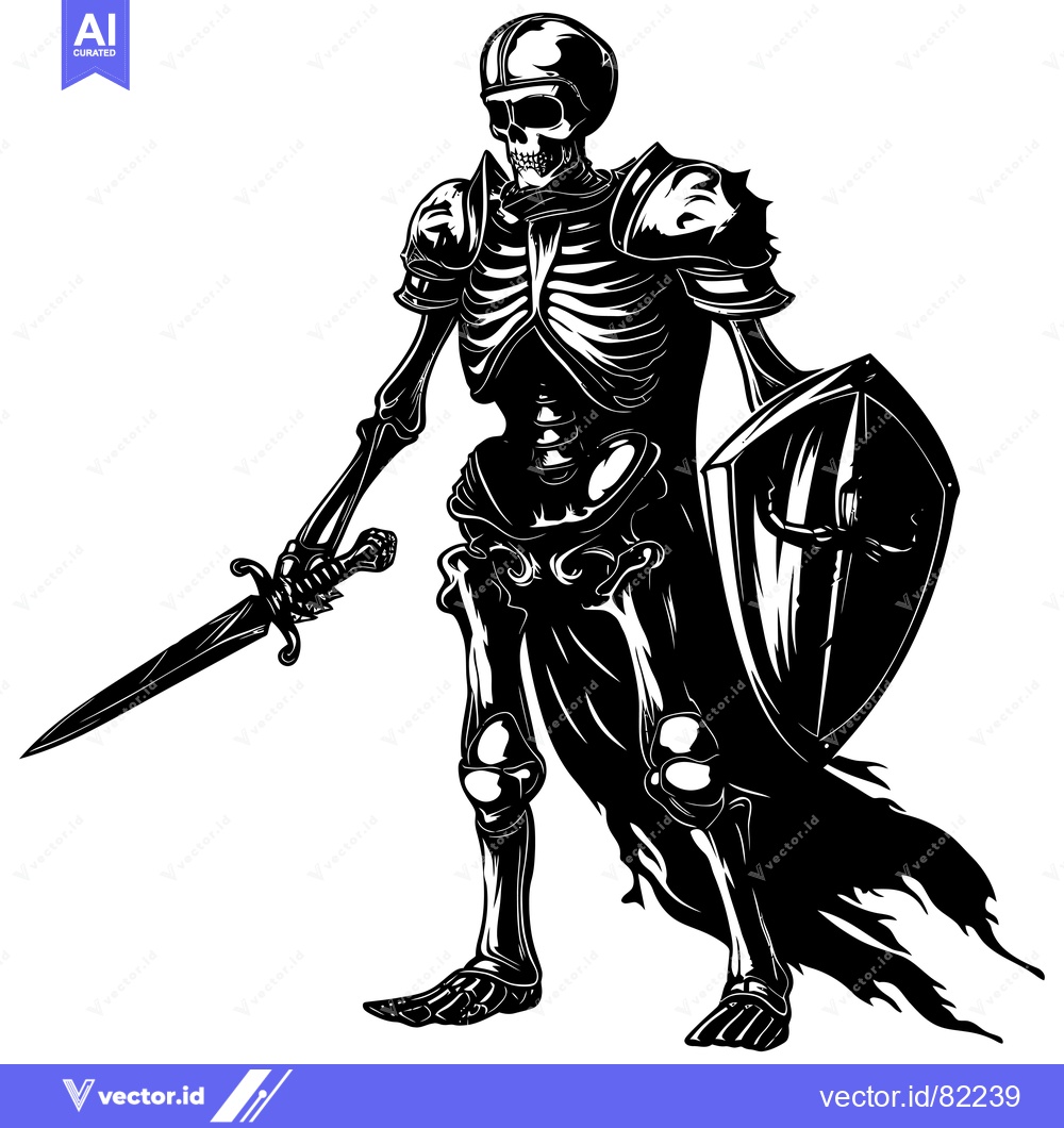 Premium Vector of Skeleton Knight in Full Armor Holding a Sword and Shield