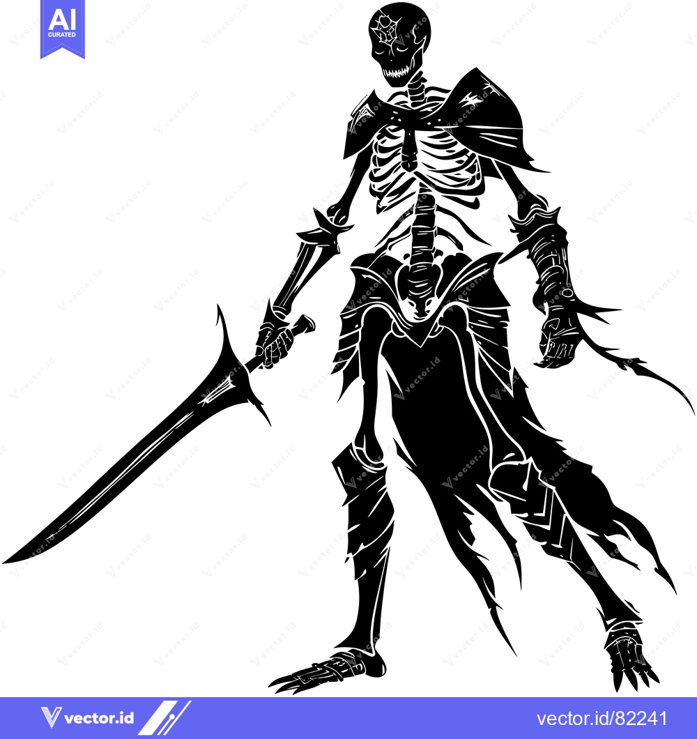 Premium Vector of Black and White Illustration of a Skeleton Knight Holding a Sword