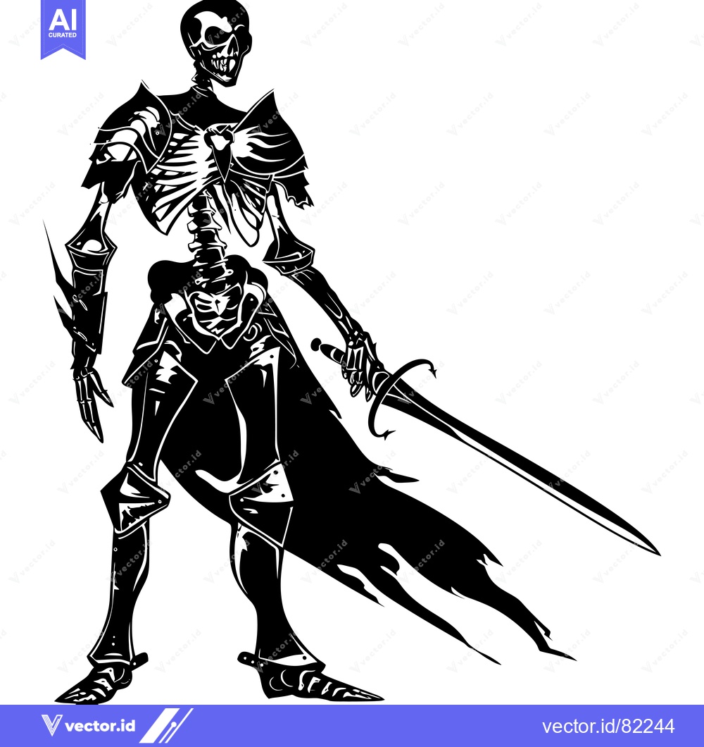 Premium Vector of A skeletal knight clad in armor, brandishing a sword.