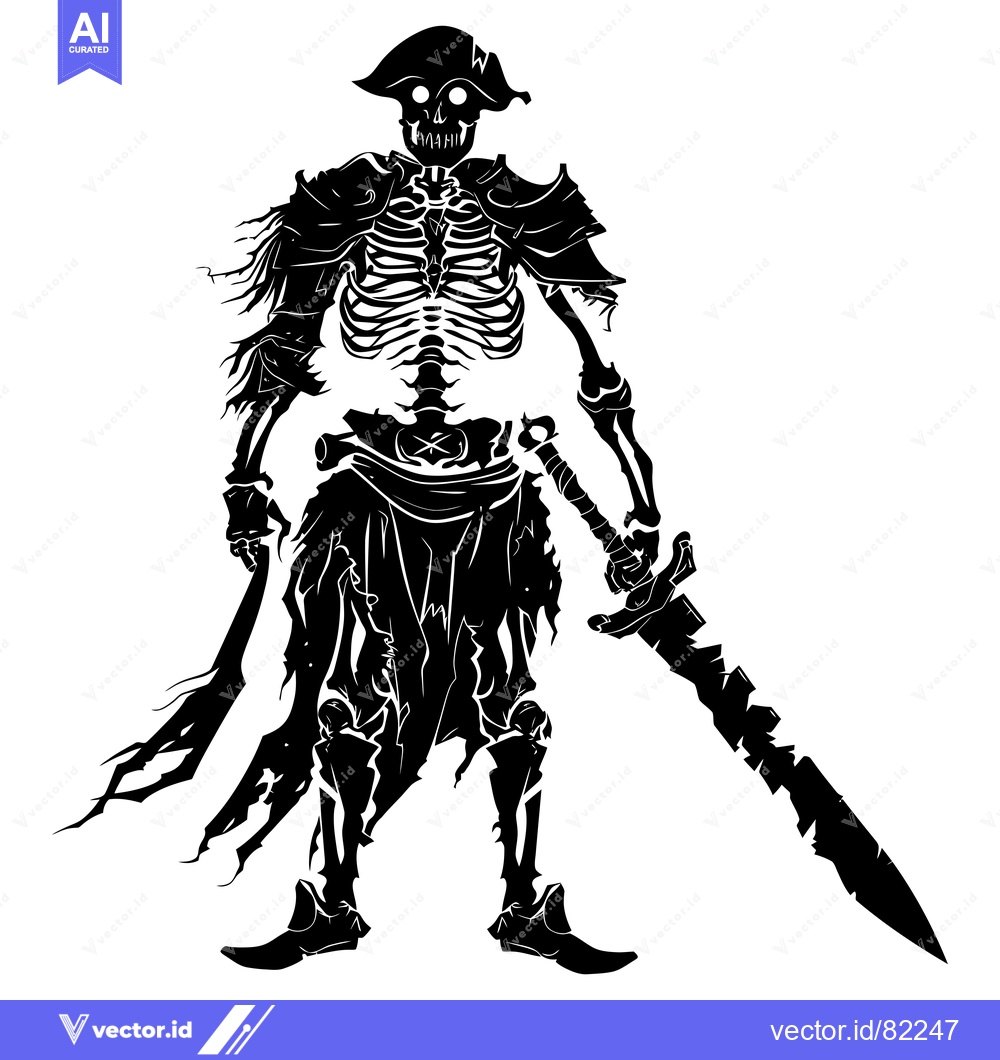 Premium Vector dari A skeletal warrior in tattered clothing and holding a sword