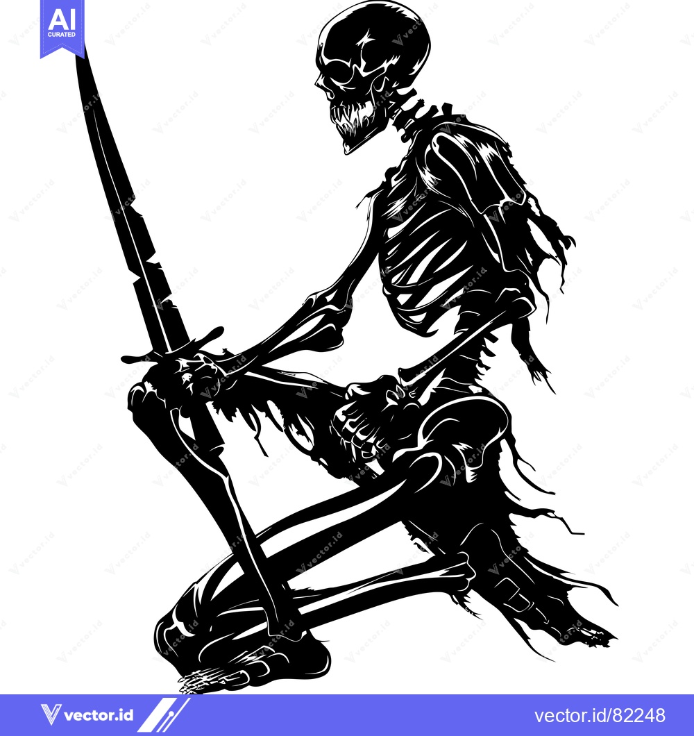 Premium Vector of Skeleton Holding a Sword, Kneeling with Ragged Clothing