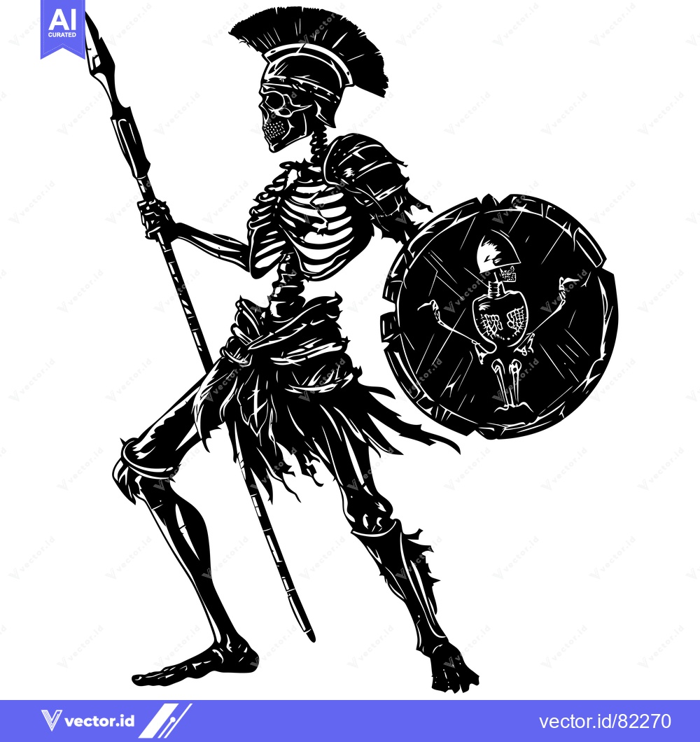 Premium Vector dari A skeletal warrior in full armor holding a spear and shield