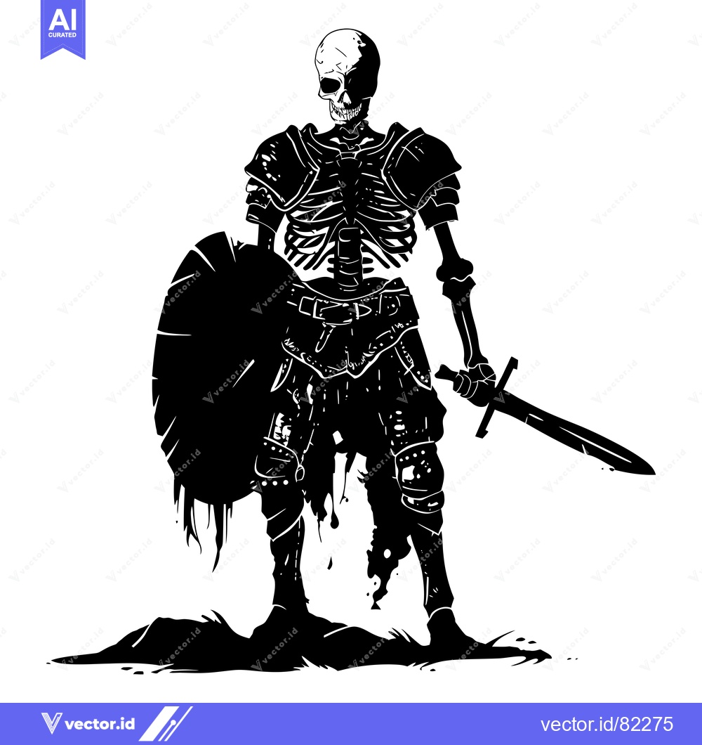 Premium Vector of A Skeletal Warrior in Full Armor, Holding a Sword and Shield