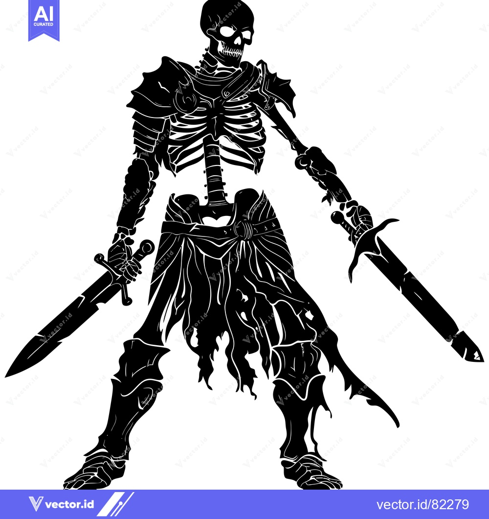 Premium Vector dari A skeletal warrior in full armor holding two swords