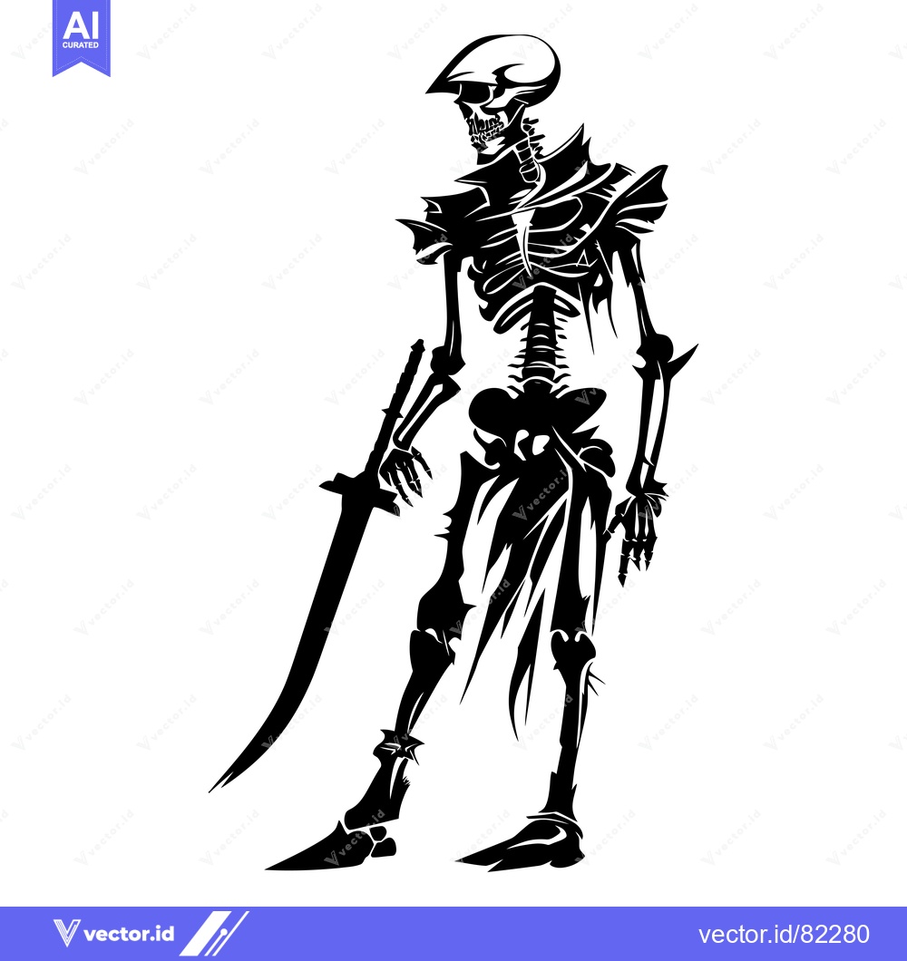 Premium Vector dari A black and white illustration of a skeleton warrior holding a sword