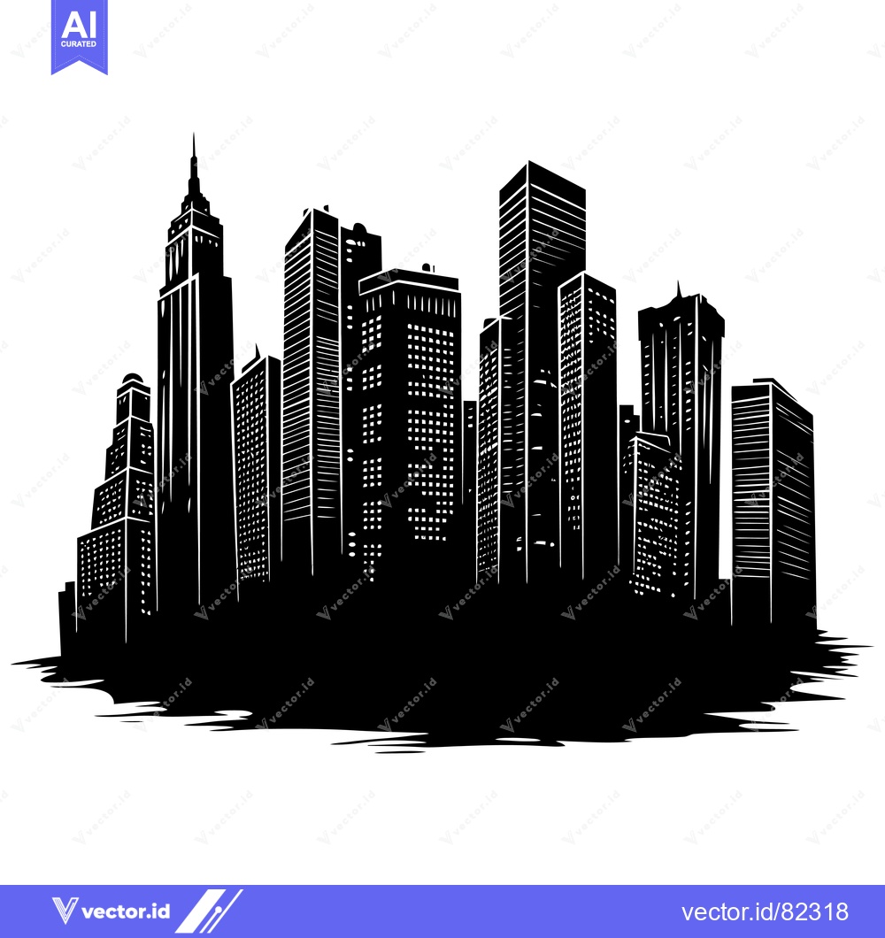 Premium Vector dari Black and White Silhouette of Cityscape with Tall Buildings