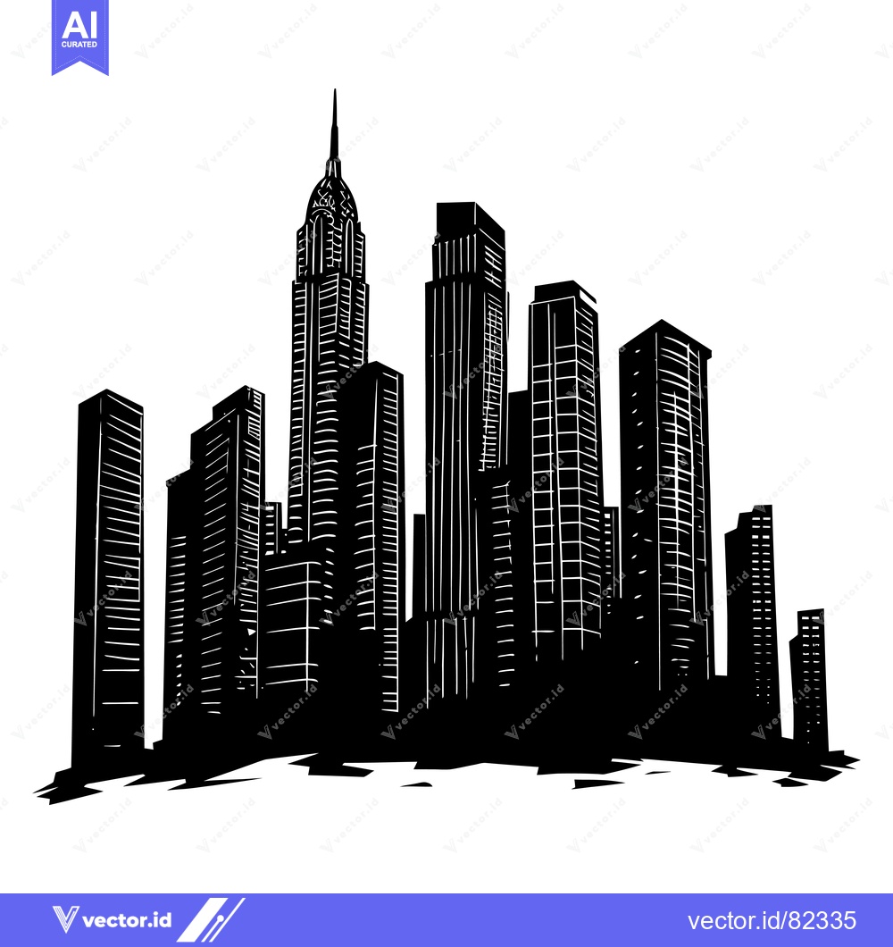 Premium Vector of Black and white illustration of a cityscape with tall buildings