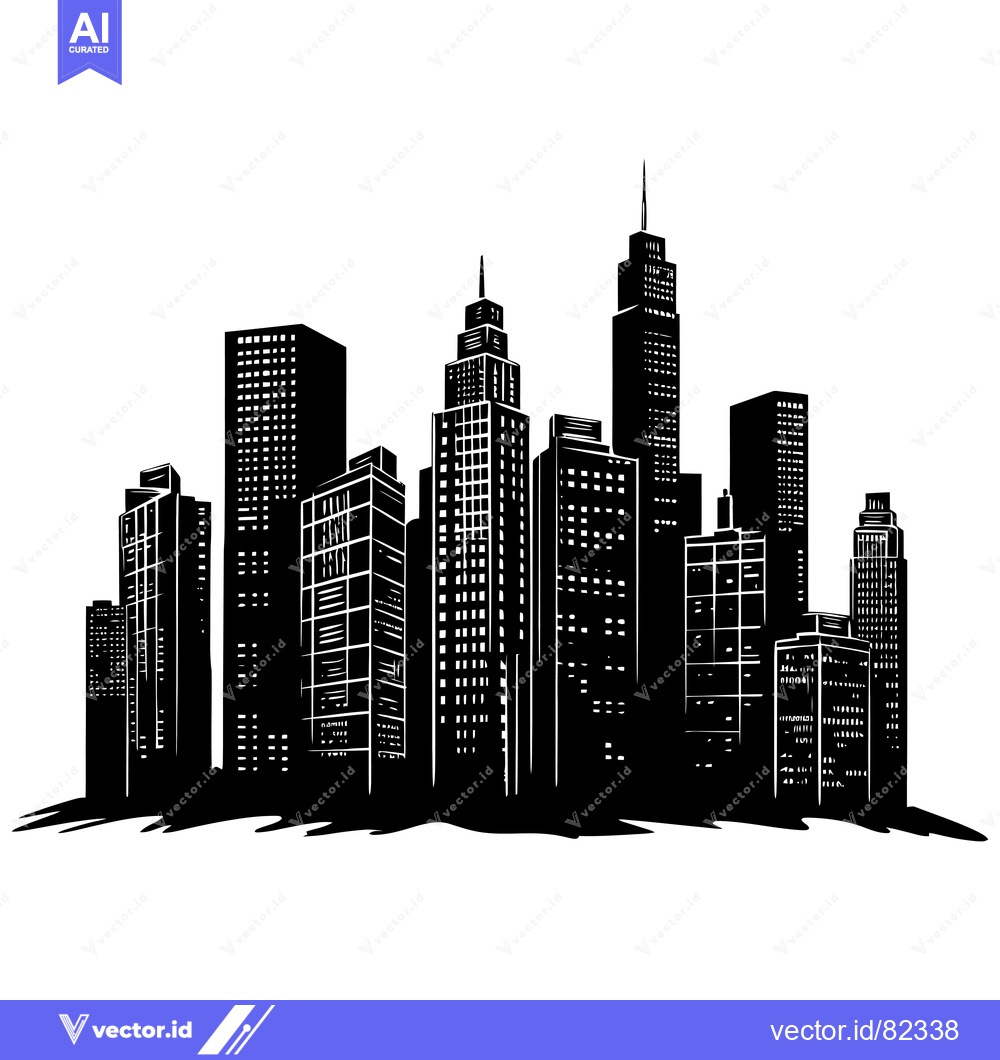 Premium Vector of Black and white silhouette of a city skyline with tall buildings
