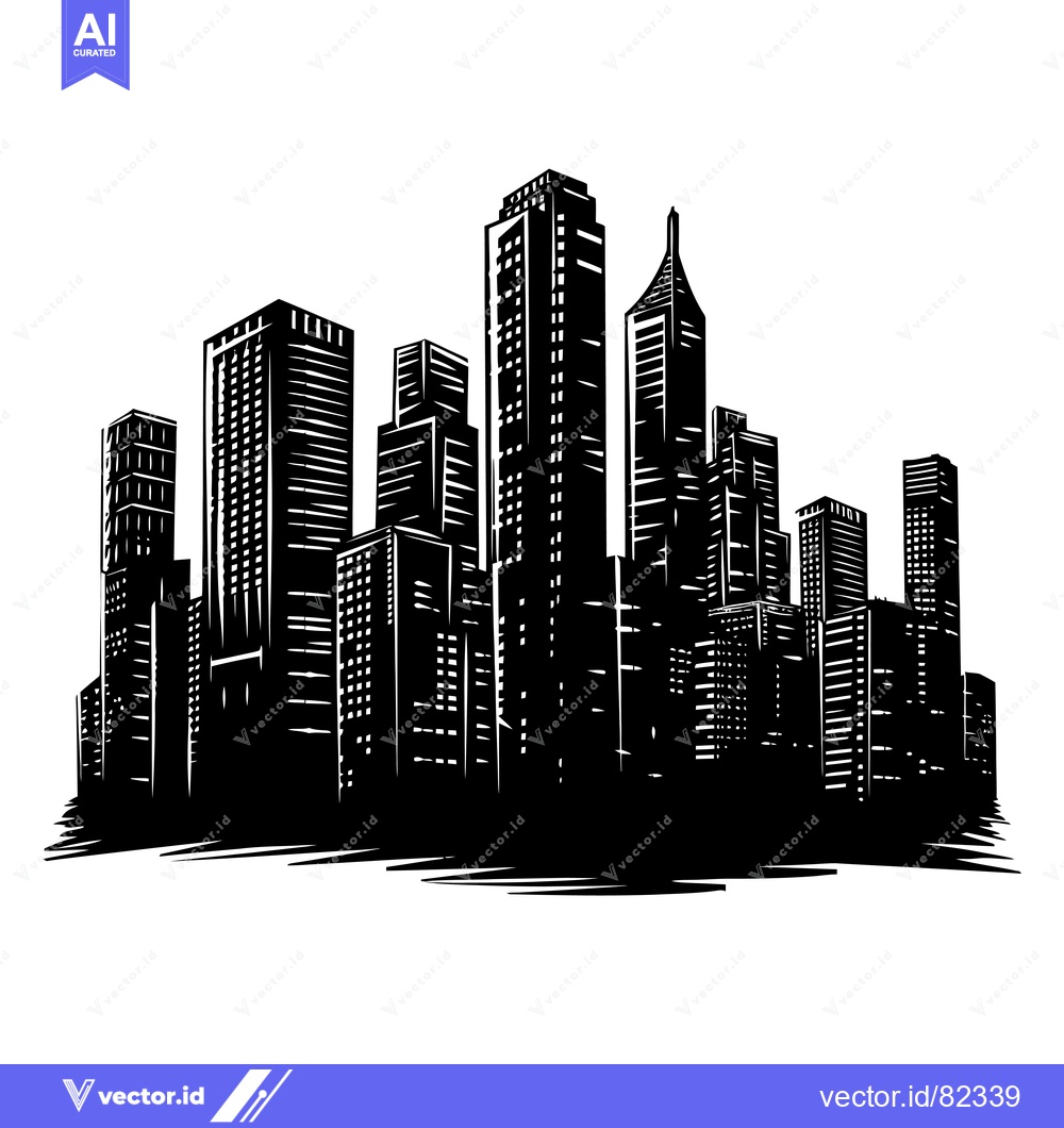 Premium Vector of Black and white illustration of a city skyline with tall buildings