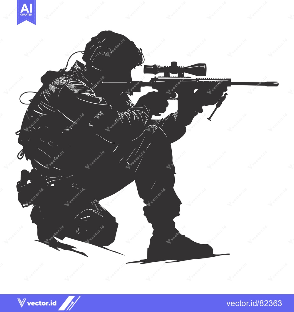Premium Vector dari Silhouette of a Soldier Kneeling and Aiming with a Sniper Rifle