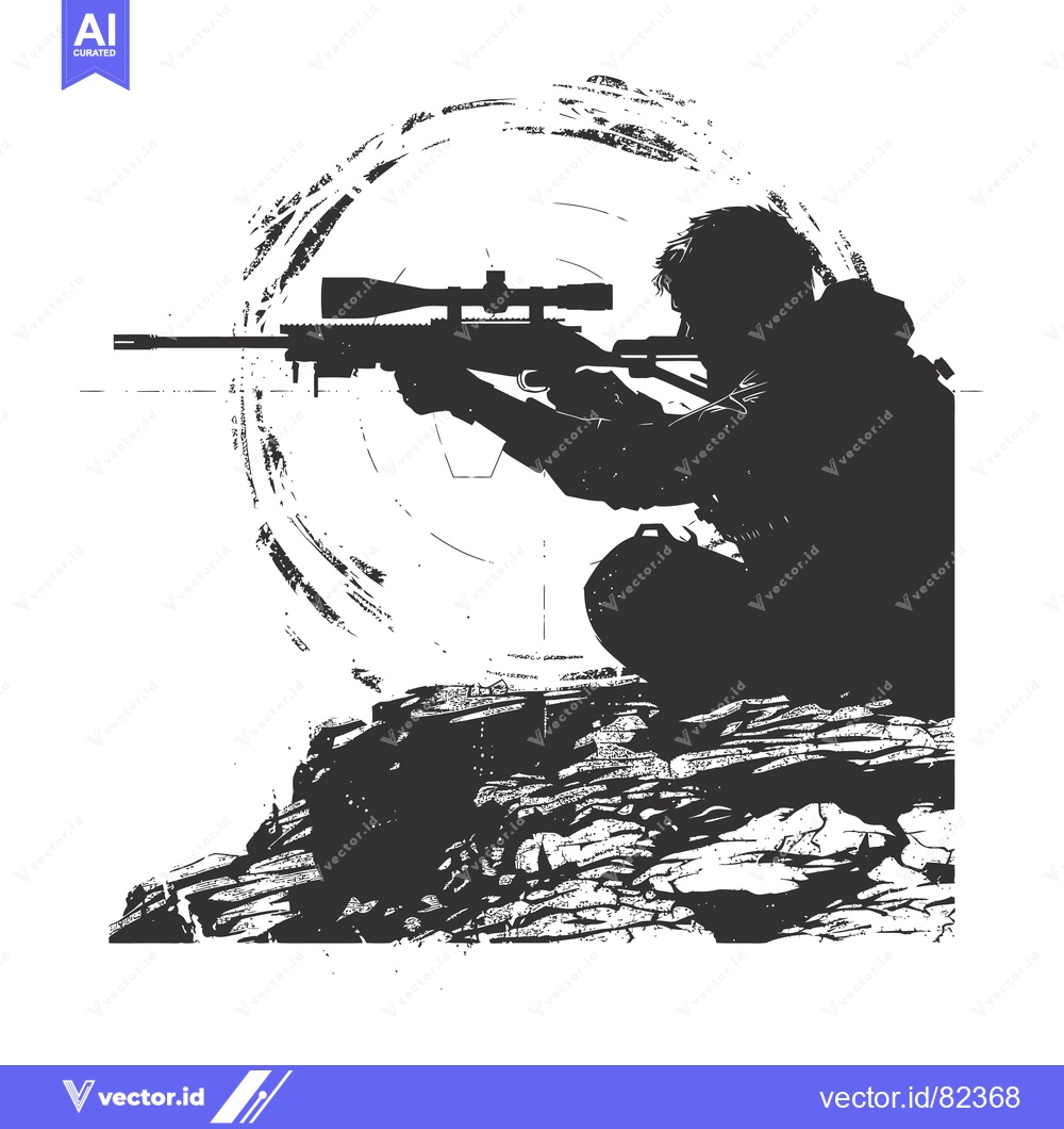 Premium Vector dari Silhouetted Sniper Aiming with Rifle from Rocky Outcrop