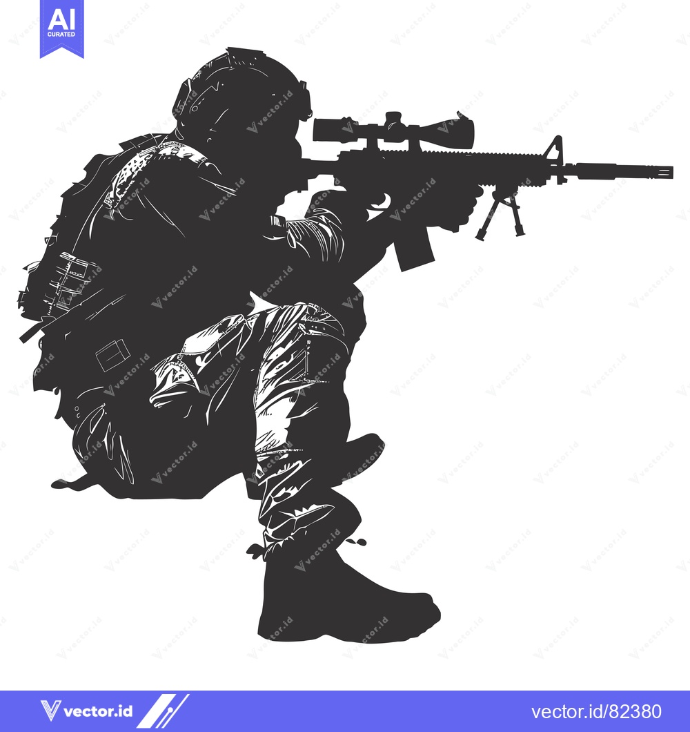 Premium Vector dari Silhouette of a Soldier Holding a Rifle with a Scope