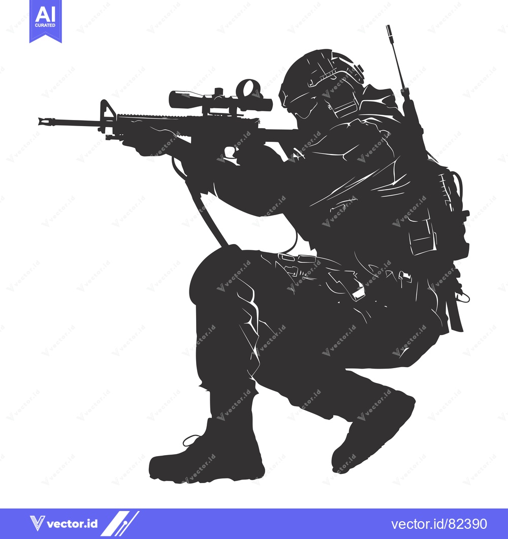 Premium Vector dari Silhouette of a Soldier in a Combat Stance Holding a Rifle