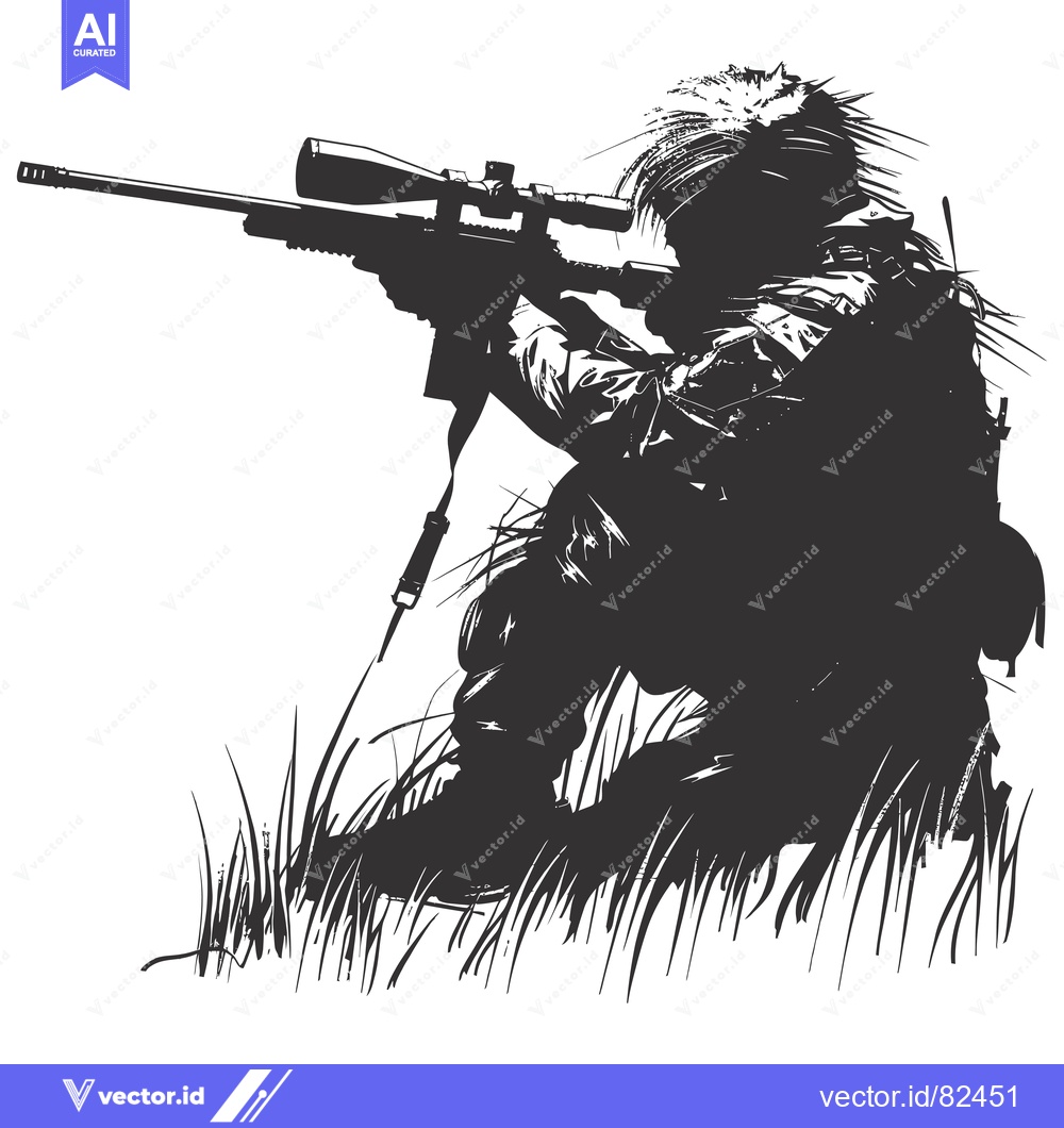 Premium Vector dari Silhouette of a Sniper Aiming a Rifle in Grass