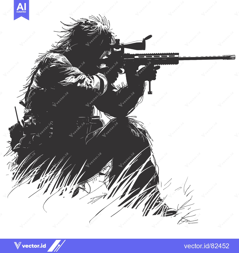 Premium Vector dari Silhouetted Sniper Aiming Rifle in Grass