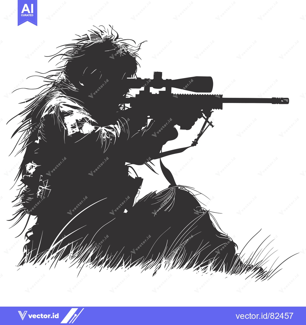 Premium Vector of Camouflaged Sniper Holding a Rifle in a Grassy Field