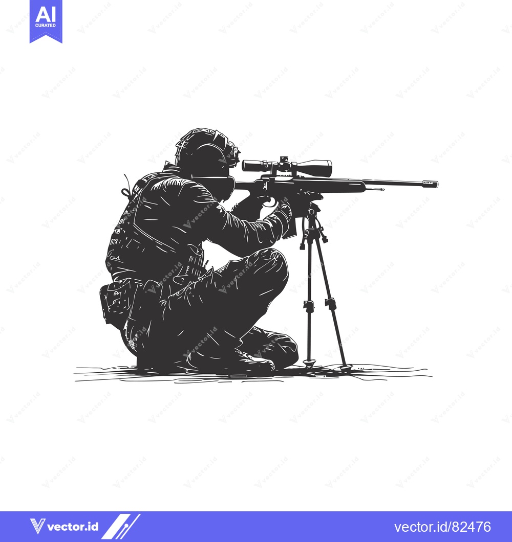 Premium Vector dari A Silhouetted Sniper Kneeling with a Rifle on a Tripod