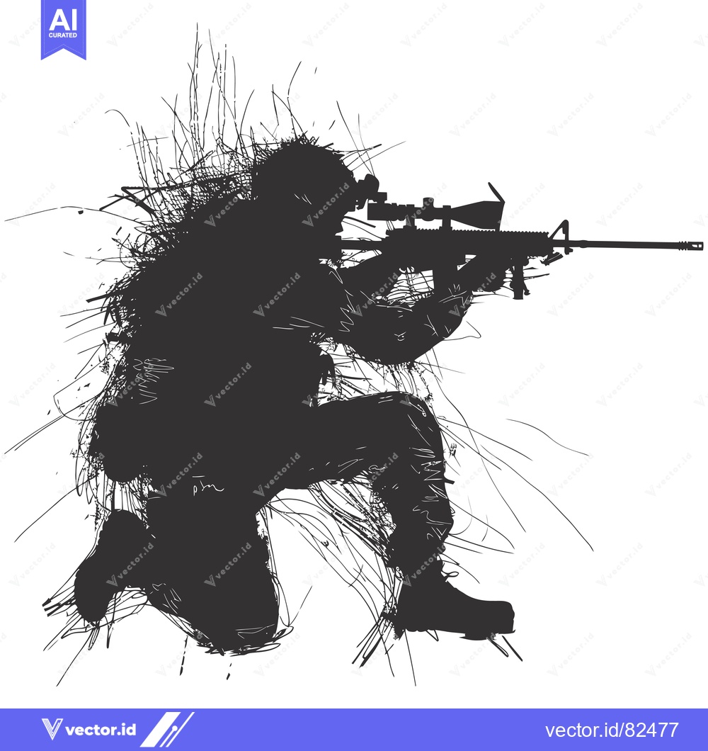 Premium Vector of A Silhouette of a Soldier Kneeling with a Rifle in a Scribble Art Styl