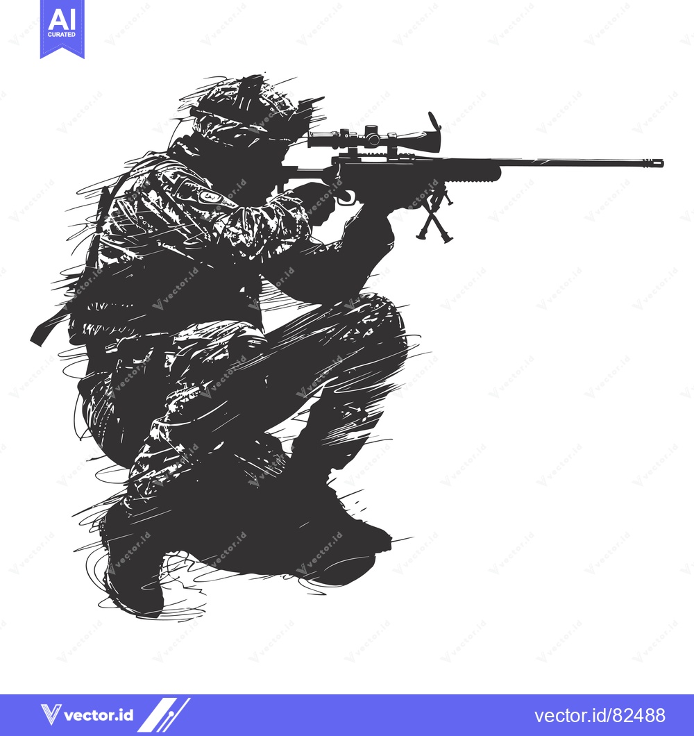 Premium Vector dari A Silhouetted Soldier Kneeling with a Sniper Rifle