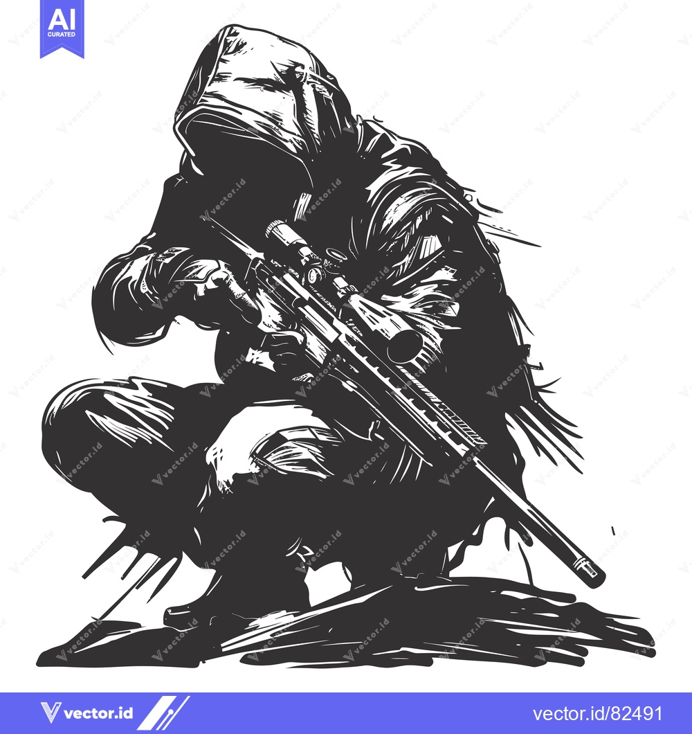Premium Vector dari Hooded Figure Aiming Sniper Rifle in Crouched Position