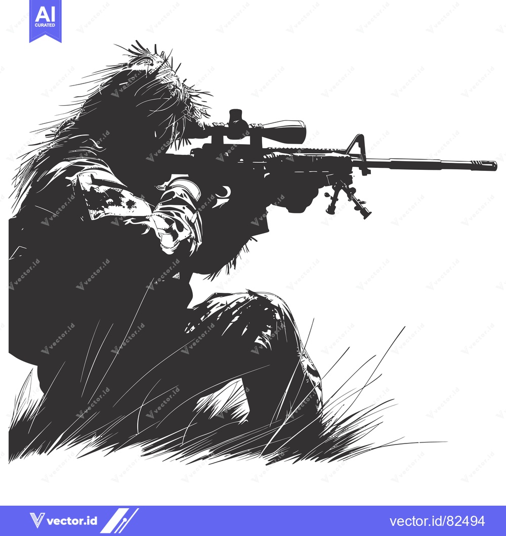 Premium Vector of Camouflaged Sniper Holding a Rifle with Scope