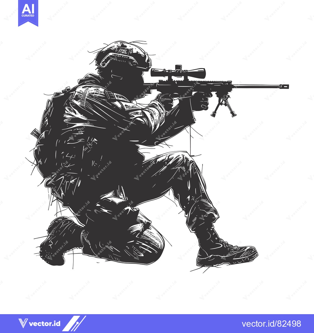 Premium Vector dari A Silhouetted Sniper Kneeling with a Scope Rifle