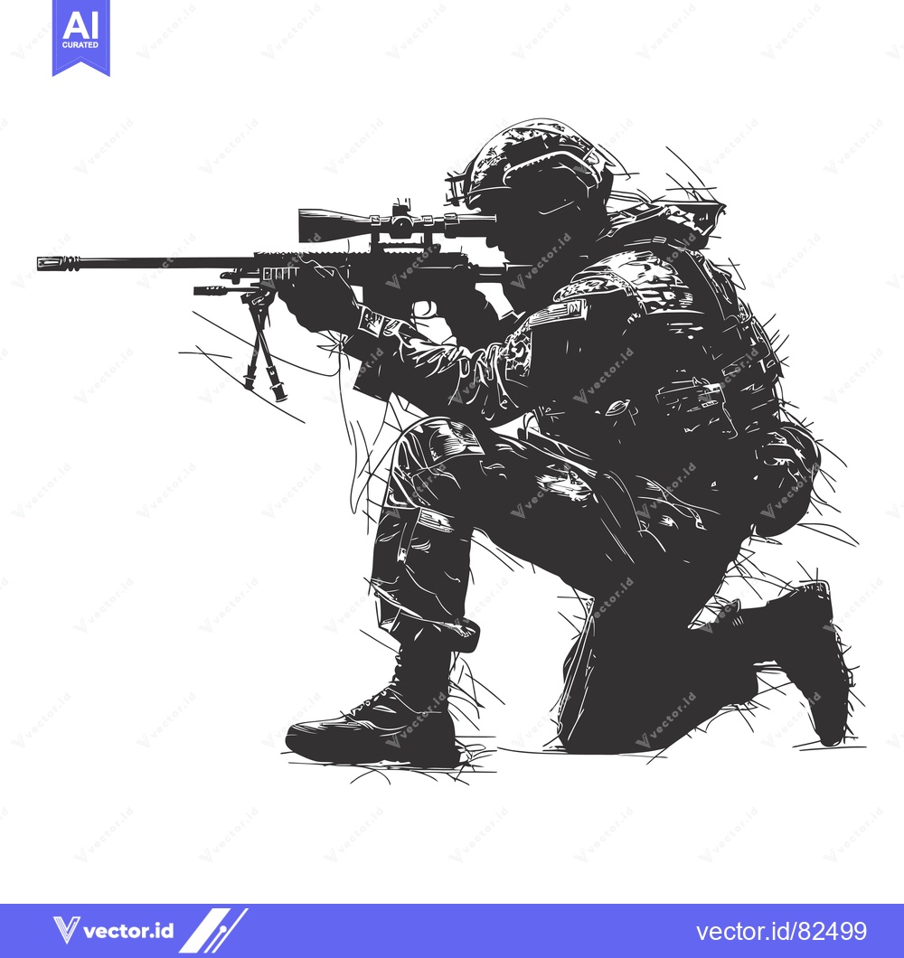 Premium Vector of A Soldier Kneeling, Aiming a Sniper Rifle with Scope