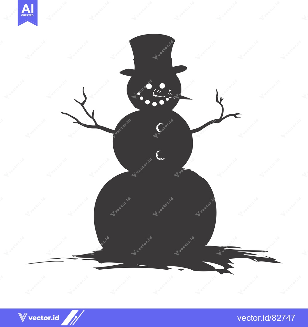 Premium Vector of Black and White Silhouette of a Snowman with a Top Hat and Stick Arms
