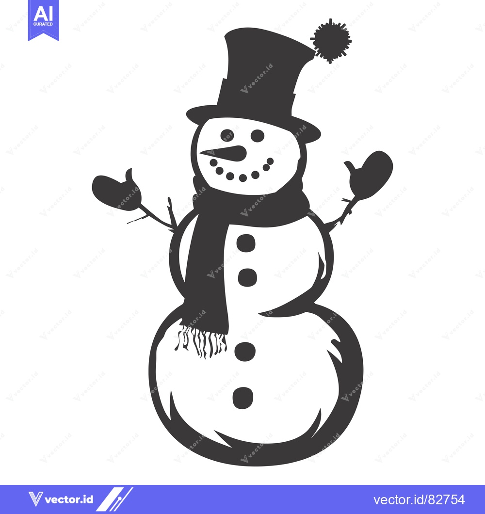 Premium Vector dari Black and White Silhouette of a Smiling Snowman with a Top Hat and Sca