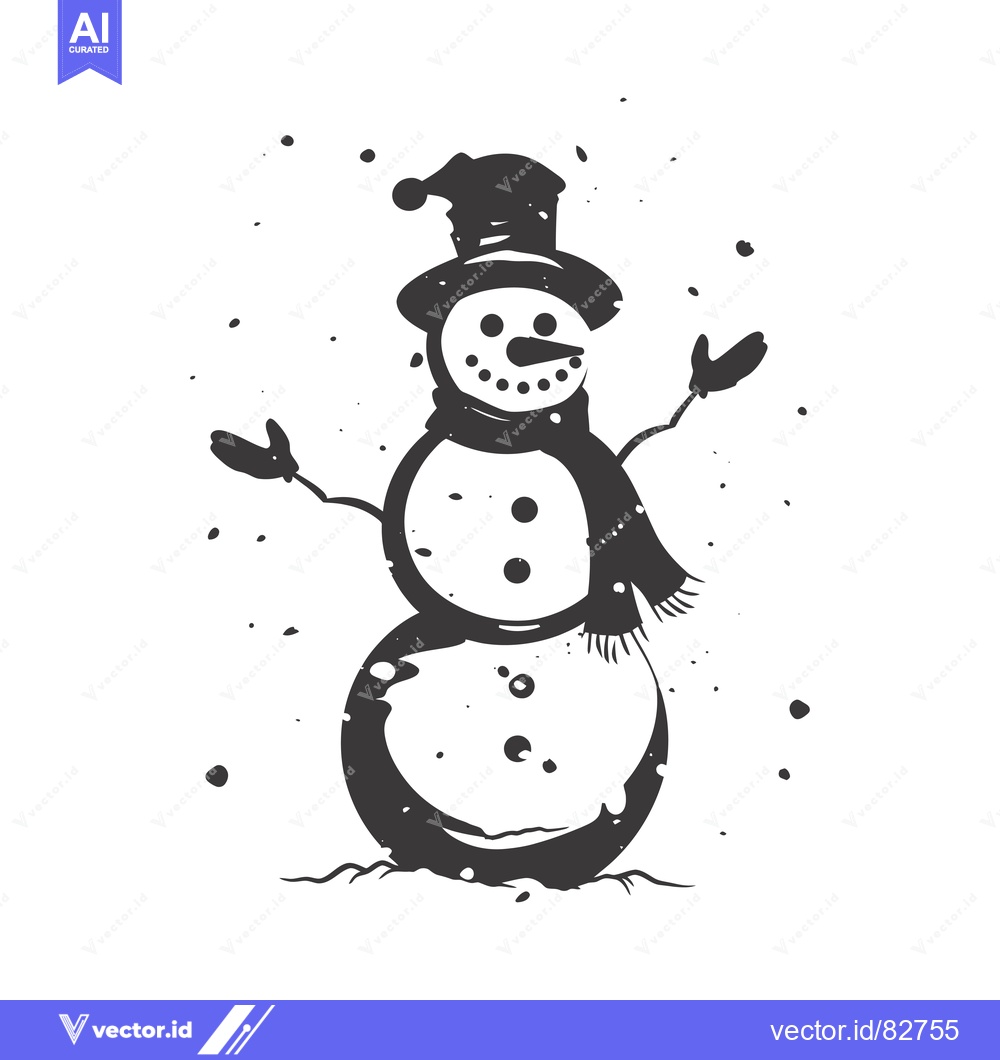 Premium Vector of A Cheerful Black and White Snowman Illustration with Snowflakes